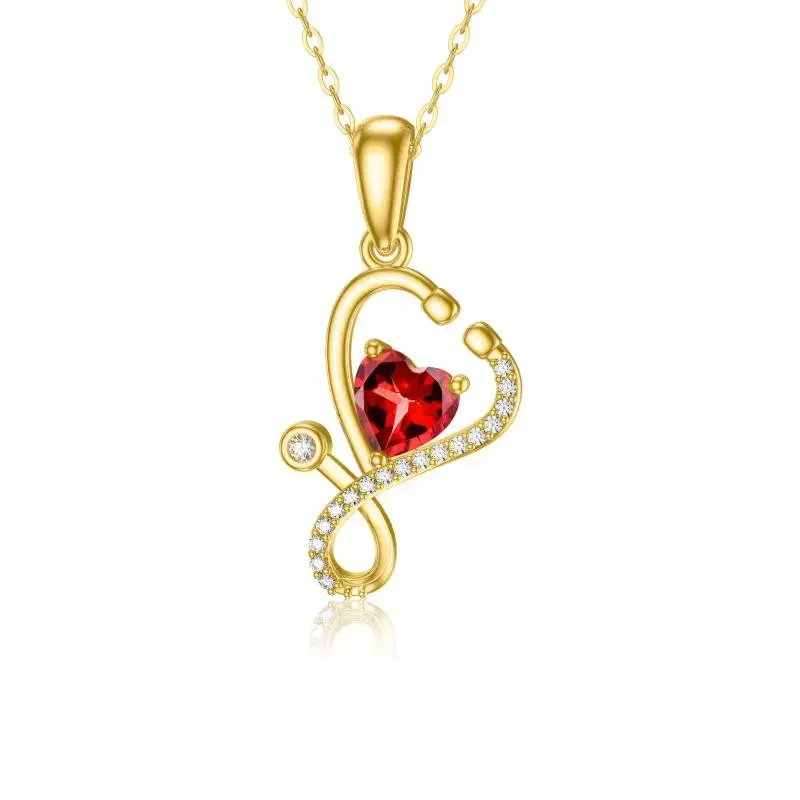 14K Gold Heart Cubic Zirconia Stethoscope Pendant Necklace For Women