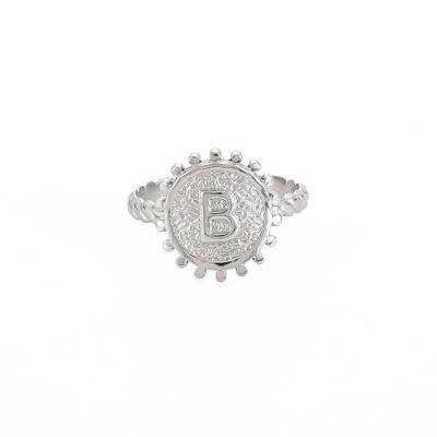 Non-Tarnish 304 Stainless Steel Flat Round with Initial Letter Open Cuff Ring for Men Women
