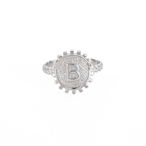 Non-Tarnish 304 Stainless Steel Flat Round with Initial Letter Open Cuff Ring for Men Women
