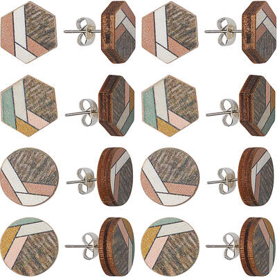 4 Pairs 2 Style Natural Wood Geometry Boho Stud Earrings with Steel Iron Pins