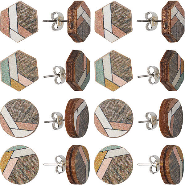 4 Pairs 2 Style Natural Wood Geometry Boho Stud Earrings with Steel Iron Pins