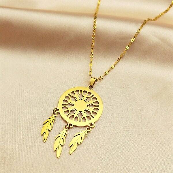Woven Net/Web with Feather 304 Stainless Steel Boho Pendant Necklaces for Women