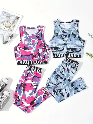 Girl's Camo Print Tank Top & Trousers Set, Casual Sleeveless Top & Pants, Summer Clothes for Kids