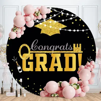 Aperturee Gold Glitter Round Black Graduation Backdrop