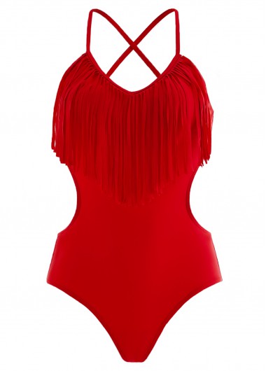 Modlily Red Tassel Spaghetti Strap One Piece Swimwear - XL