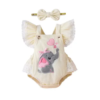 Newborn Girl Outfit Flying Sleeve Embroidered Elephant Heart Bodysuit Cute Outfit with Hairband