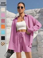 Two-piece Set Women's Solid Color Shirt & Shorts, Casual Basic Longsleeves Top & Tie Waist Shorts for Daily Wear, Ladies Two-...
