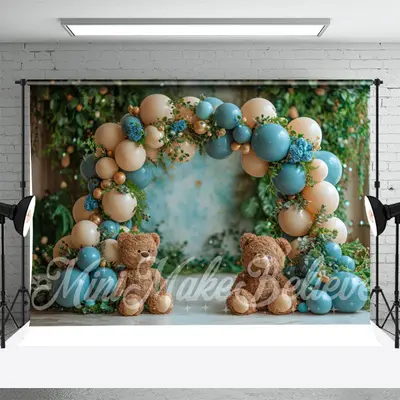 Blue Beige Balloon Leaves Bear Cake Smash Backdrop - Aperturee