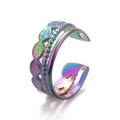 Ion Plating(IP) Rainbow Color 304 Stainless Steel Oval Wrap Open Cuff Ring for Women