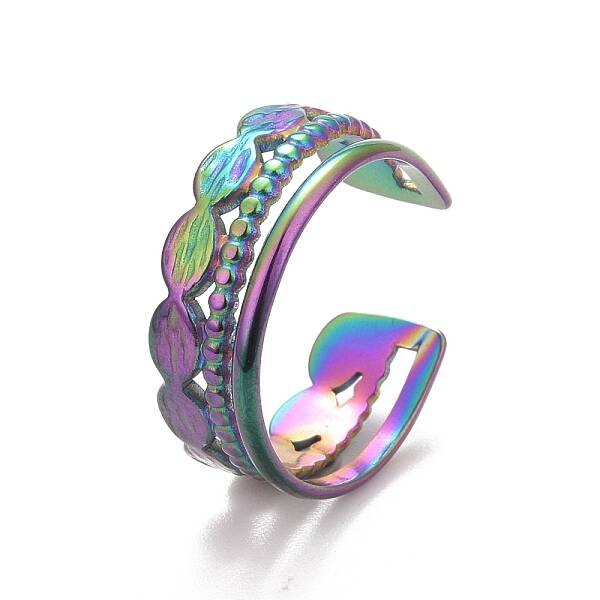Ion Plating(IP) Rainbow Color 304 Stainless Steel Oval Wrap Open Cuff Ring for Women