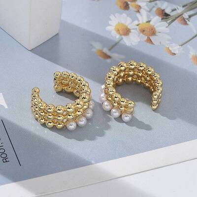 Rack Plating Brass Cuff Earrings with Plastic Pearl Beaded