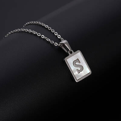 Rectangle Stainless Steel Pave Natural White Shell Pendant Necklaces