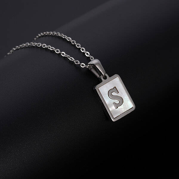 Rectangle Stainless Steel Pave Natural White Shell Pendant Necklaces