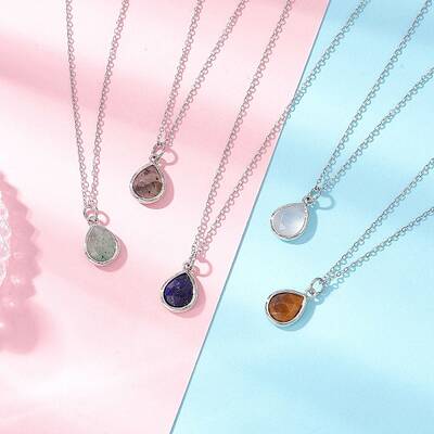 Teardrop Faceted Natural Mixed Stone Pendant 304 Stainless Steel Cable Chain Necklaces for Women