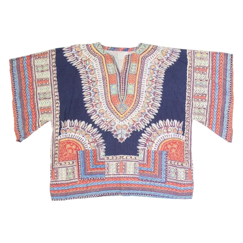 NAQVIS Womens Printed Blouse Blue V-Neck Crazy Pattern L