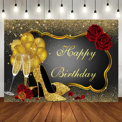 Aperturee Red Rose Floral Glitter Gold Birthday Backdrop
