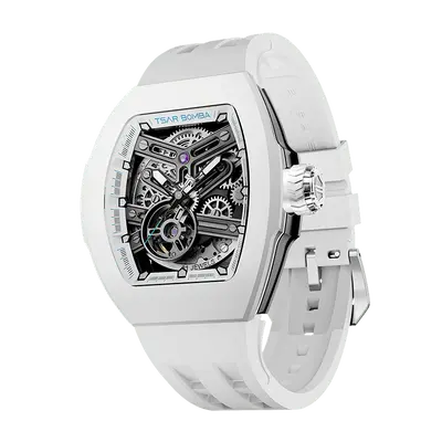 TSAR BOMBA Men's Automatic Skeleton Watch | Interchangeable Luxury Design | Full White | Atomic TB8218 | Fluororubber