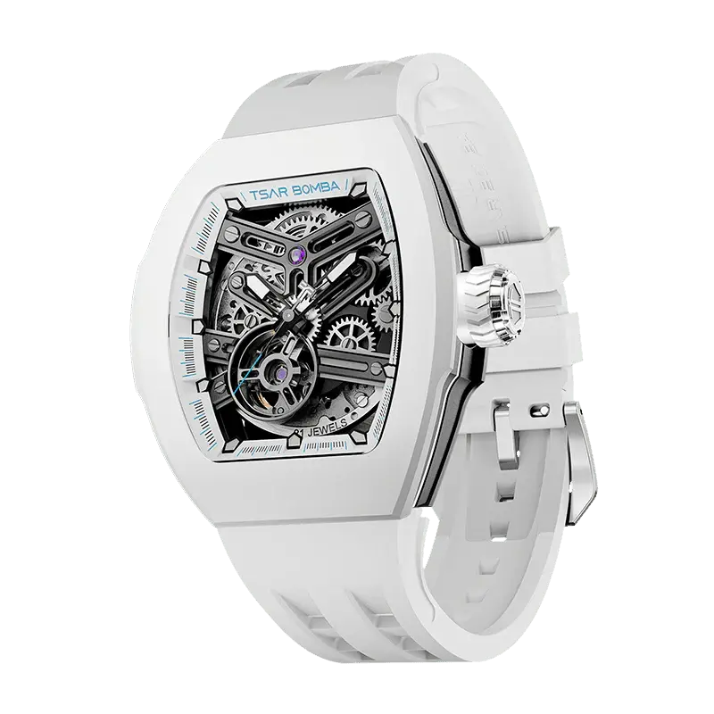 TSAR BOMBA Men's Automatic Skeleton Watch | Interchangeable Luxury Design | Full White | Atomic TB8218 | Fluororubber