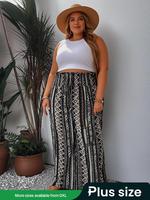 【 Plus Size】 Shirred Wide Leg Pants, Bohemian Casual High Waist Straight Leg Trousers for Daily Holiday Vacation Wear, Pa...