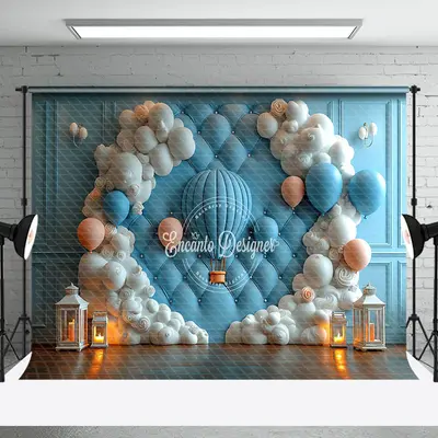 Aperturee Blue Vintage Wall Hot Air Balloon Cake Smash Backdrop | Best Photography Backdrop | Wall Background Photoshoot | Ph...