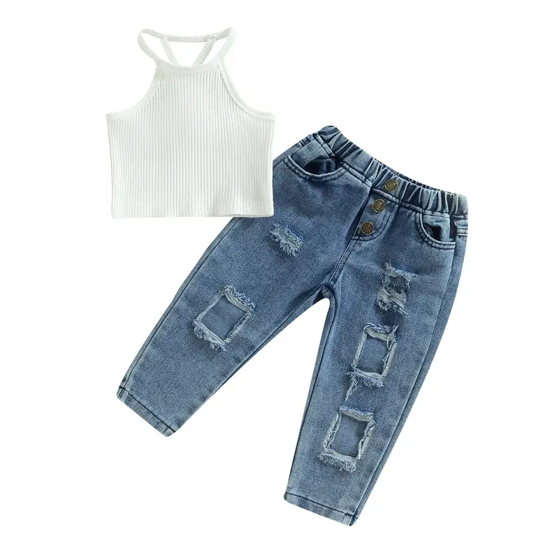 Baby Kids Girls 2 Pieces Pants Set Sleeveless Crop Tank Camisole Elastic Waist Ripped Jeans Summer Outfit