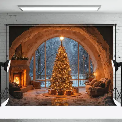 Cave Style Fireplace Window Light Xmas Tree Backdrop - Aperturee