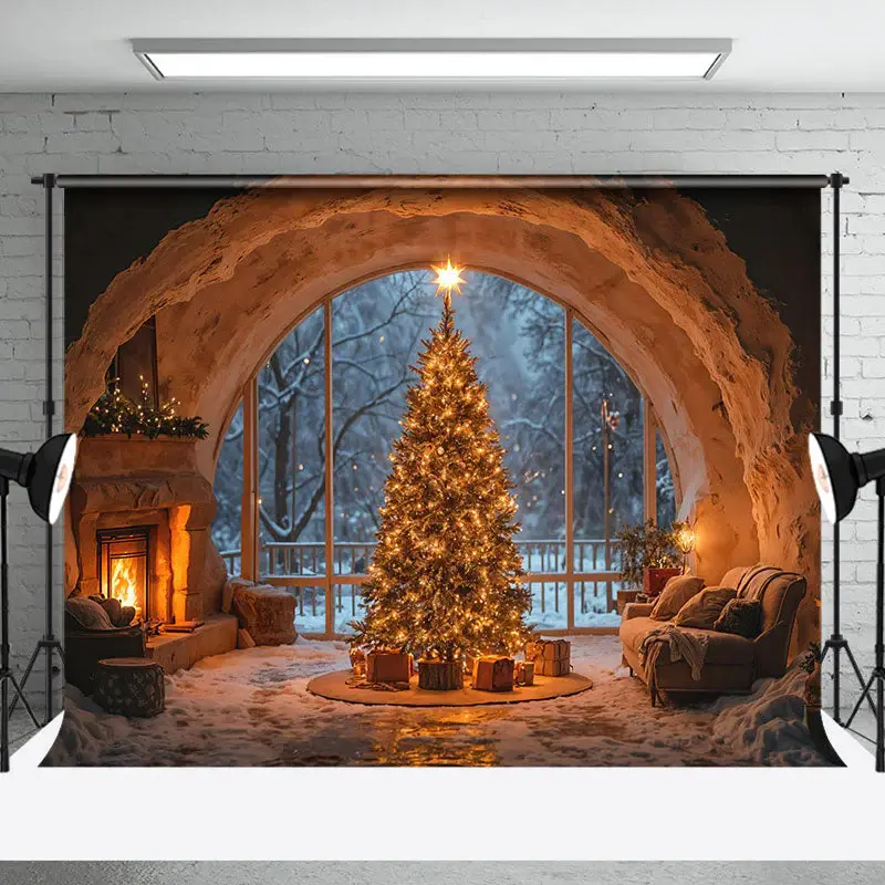 Cave Style Fireplace Window Light Xmas Tree Backdrop - Aperturee