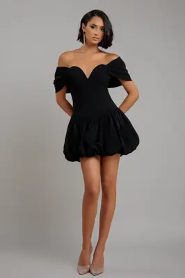 Goddiva Bardot Babydoll Corset Mini Dress - Black