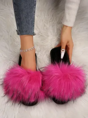 Women's Solid Color Fluffy Slippers, Casual Soft Comfortable Home Slippers, Warm Slippers for Indoor & Outdoor Use for All Se...