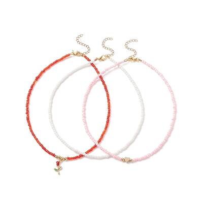 3Pcs 3 Style Glass Seed & Brass Heart Beaded Necklaces Set