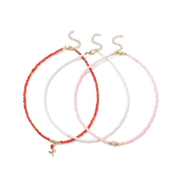 3Pcs 3 Style Glass Seed & Brass Heart Beaded Necklaces Set