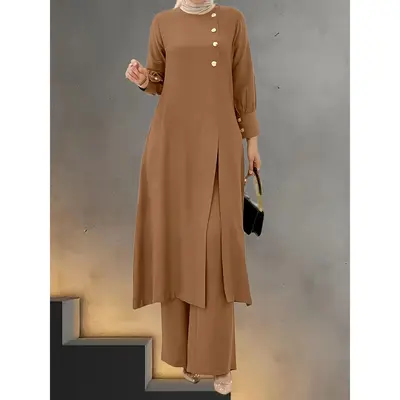 Traditional Elegant Two-Piece Outfit - Long Button-Up Shirt and Wide-Leg Pants - Suitable for Daily Home Wear, Casual Outings...