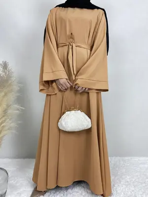 Arabic Clothing Solid Flounce Sleeve Belted Kaftan, Modest Elegant Long Sleeve Tie Front Long Dress for Women, Women's Muslim...
