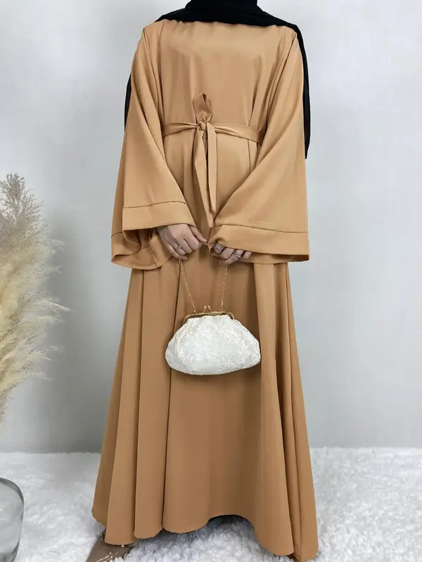 Arabic Clothing Solid Flounce Sleeve Belted Kaftan, Modest Elegant Long Sleeve Tie Front Long Dress for Women, Women's Muslim...
