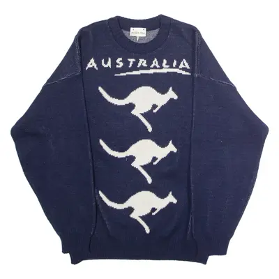 AUSSIE ROO Australia Kangaroo Mens Patterned Jumper Blue Crazy Pattern 90s M