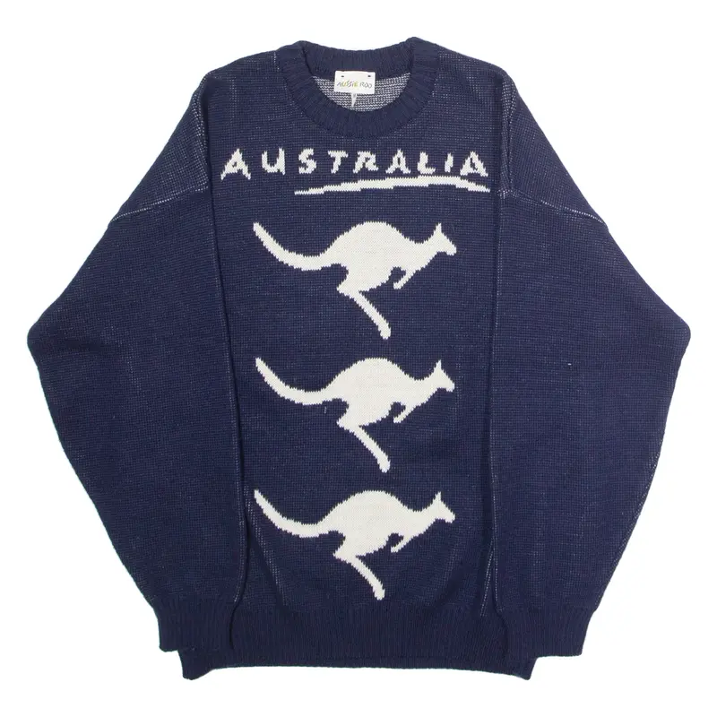 AUSSIE ROO Australia Kangaroo Mens Patterned Jumper Blue Crazy Pattern 90s M