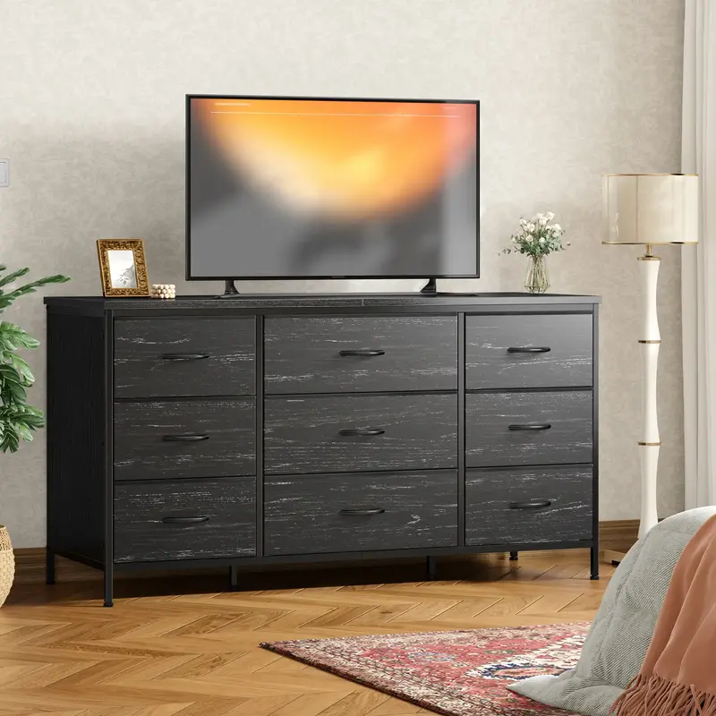 RaybeeFurniture TV Stand with 9 Drawers, Entertainment Center with Sturdy Metal Frame & Wood Top, for Bedroom Living Room,Clo...