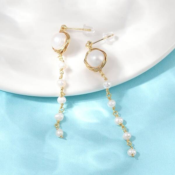 Round Brass Natural Freshwater Pearl Tassel Stud Earrings