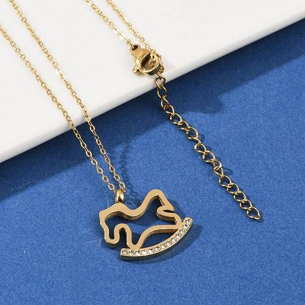 304 Stainless Steel Crystal Rhinestone Rocking Horse Pendant Necklaces for Women