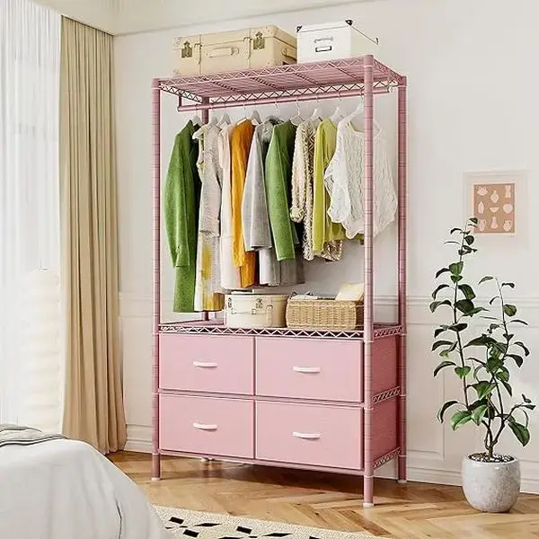 Raybee Furniture Clothing Rack with 4 Large Fabric Drawers, Heavy Duty Clothes Racks for Hanging Clothes Rack Adjustable Port...