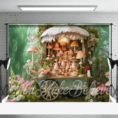 Cute Floral Mushroom Green Cart Backdrop For Photo - Aperturee