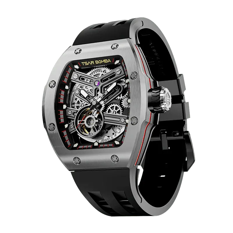 TSAR BOMBA Men's Automatic Skeleton Watch | Interchangeable Luxury Design | Silver | Atomic TB8218 | Stainless Steel