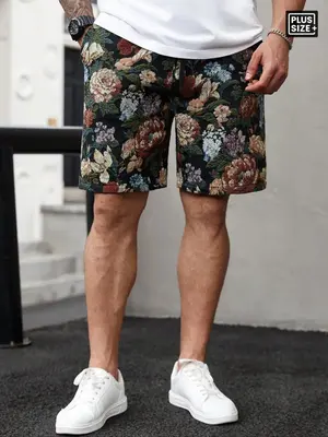 ćPlus Sizeć Floral Print Shorts, Casual Comfy Breathable Shorts for Summer, Men's Bottoms for Daily Wear