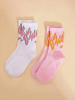 2 Pairs Fire Print Crew Socks, Fashion Casual Comfy Socks for Daily Outdoor Wear, Women's Socks for All Seasons, Socks for Wo...