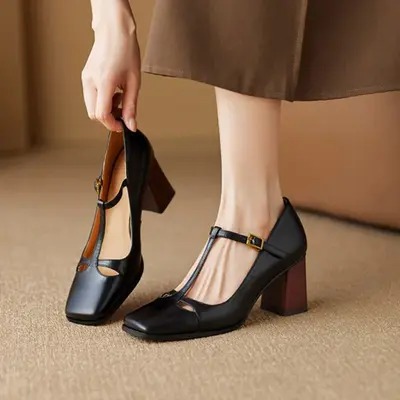 CHIKO Begona Square Toe Block Heels T-Strap Shoes