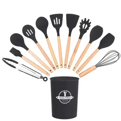 Kitchen Utensils Cookware Set, 12 piece BPA free Silicone with Wood Handle and Storage Container