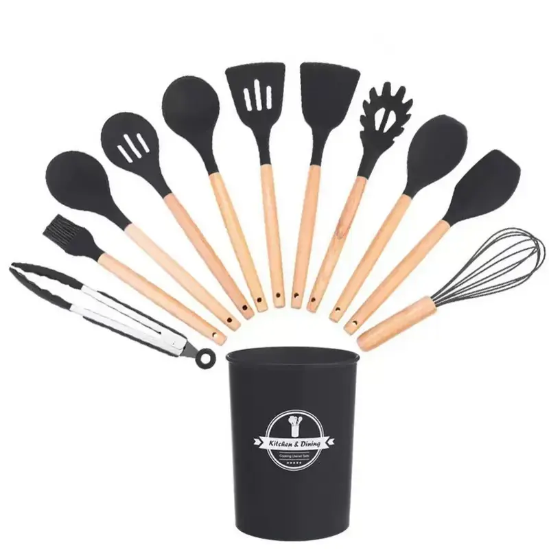 Kitchen Utensils Cookware Set, 12 piece BPA free Silicone with Wood Handle and Storage Container