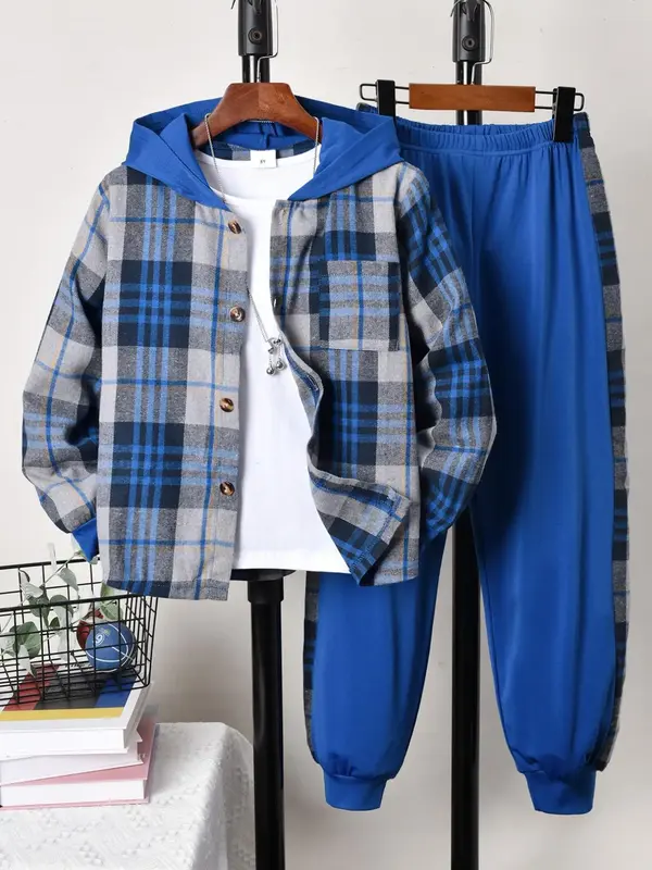 Two-Piece Set Boy's Plaid Print Button Front Hooded Pocket Coat & Pants Set, Casual Long Sleeve Hooded Top & Trousers for Fal...