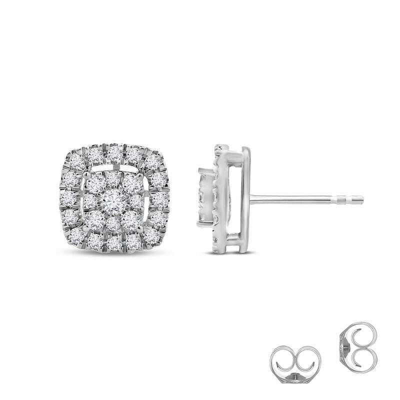 Cluster White Gold Cushion Lab Created Diamond Stud Earrings | 1 - 2 CT. TW.