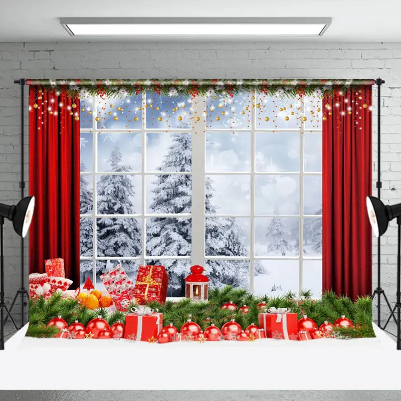Aperturee Window Outside Snowy Scene Christmas Vibe Backdrop - Aperturee